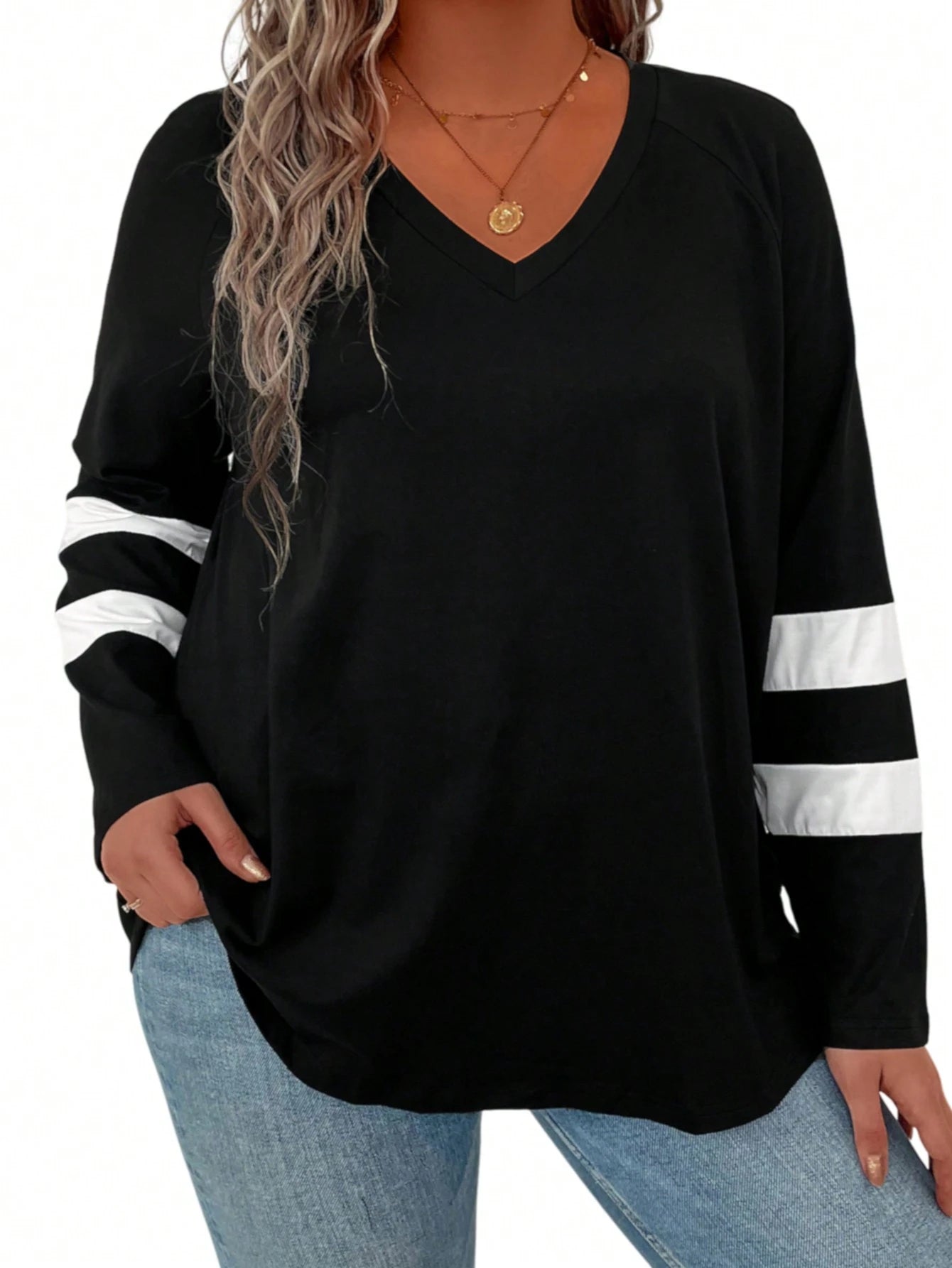 Plus Striped Print V Neck Tee Women Tops Fall Cloth For Women