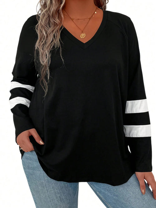 Plus Striped Print V Neck Tee Women Tops Fall Cloth For Women