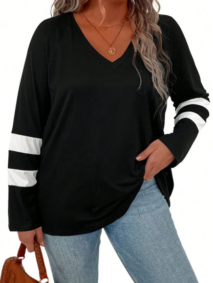 Plus Striped Print V Neck Tee Women Tops Fall Cloth For Women
