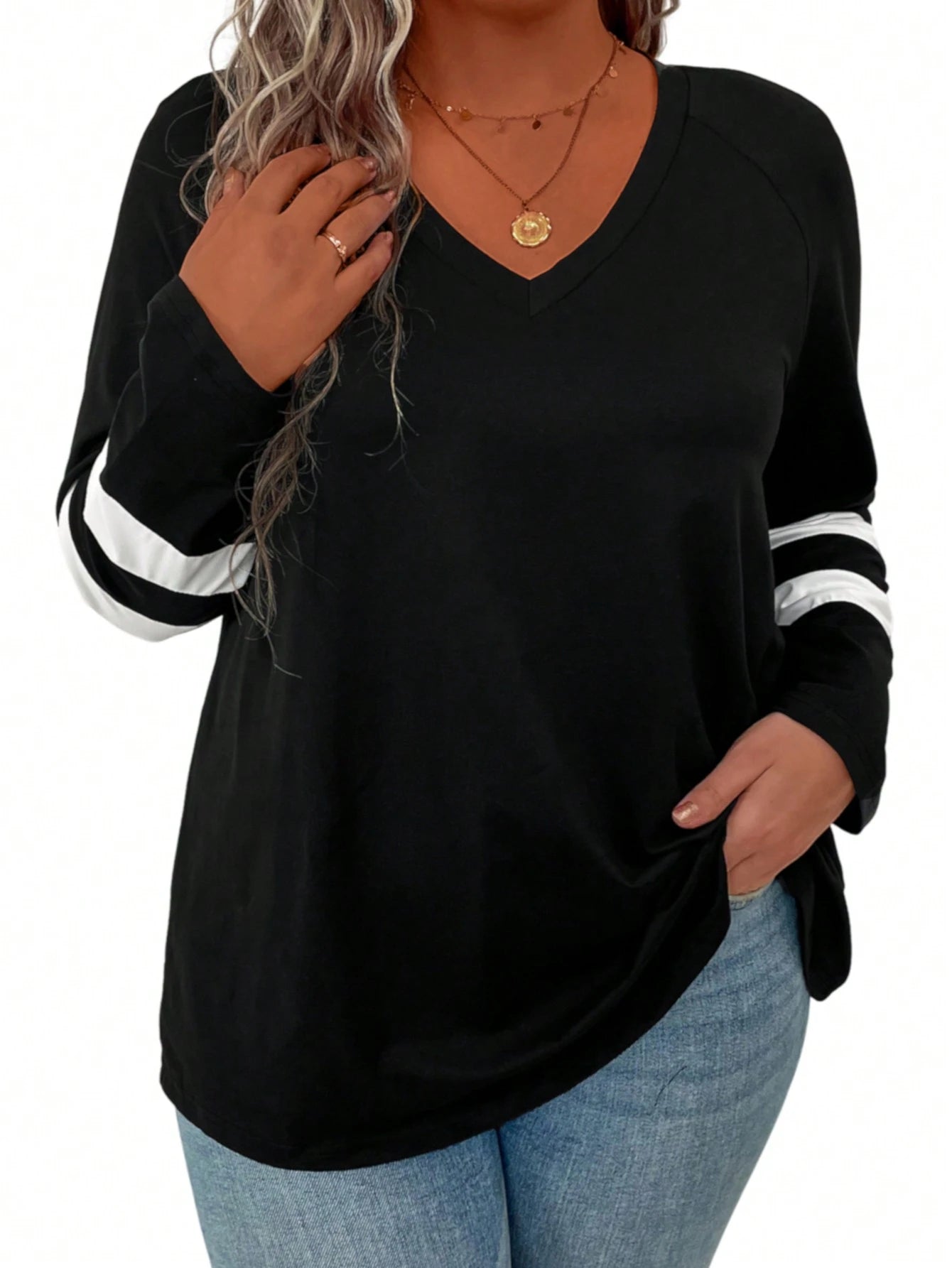 Plus Striped Print V Neck Tee Women Tops Fall Cloth For Women