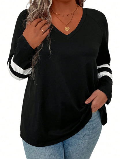 Plus Striped Print V Neck Tee Women Tops Fall Cloth For Women
