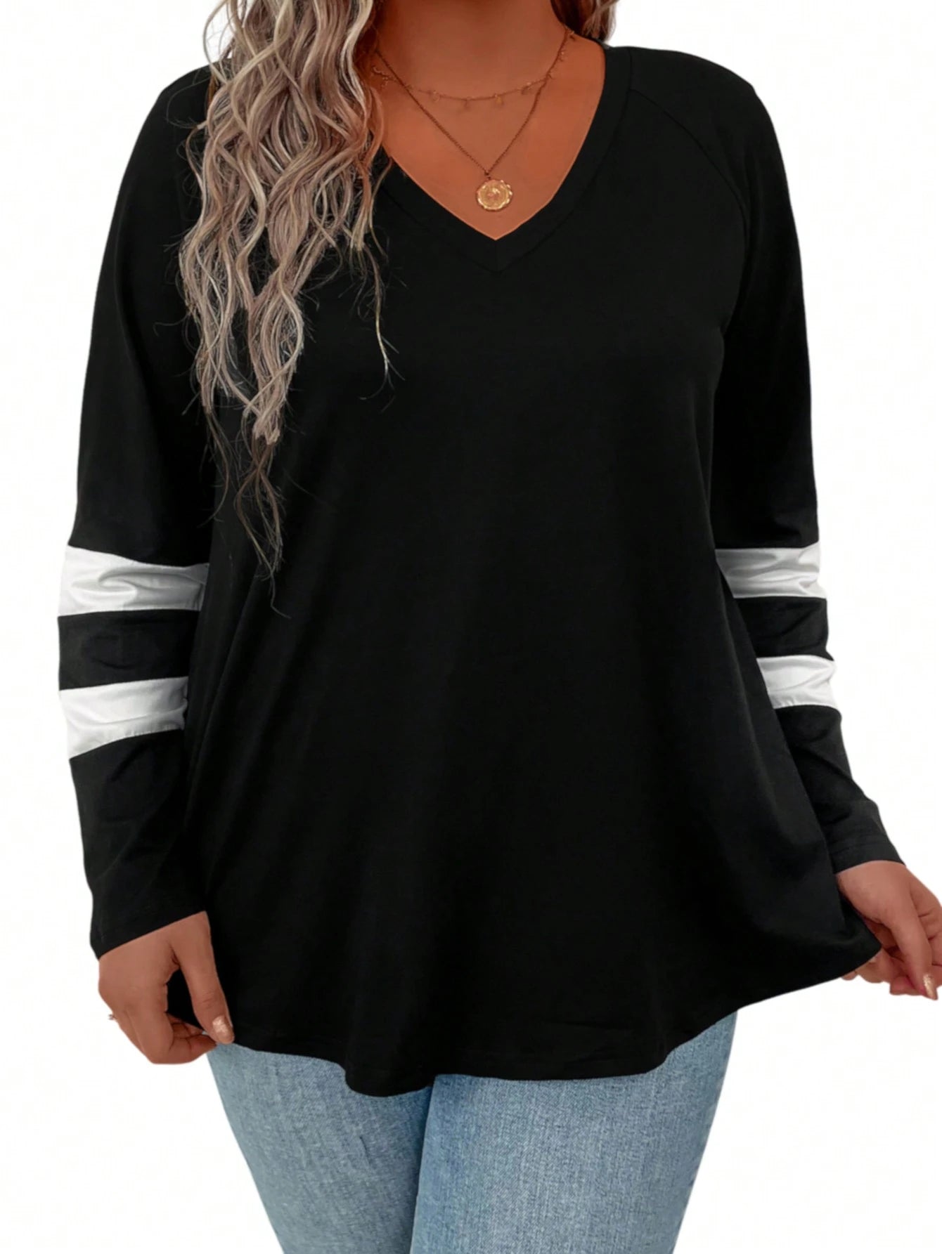 Plus Striped Print V Neck Tee Women Tops Fall Cloth For Women