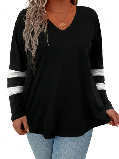 Plus Striped Print V Neck Tee Women Tops Fall Cloth For Women