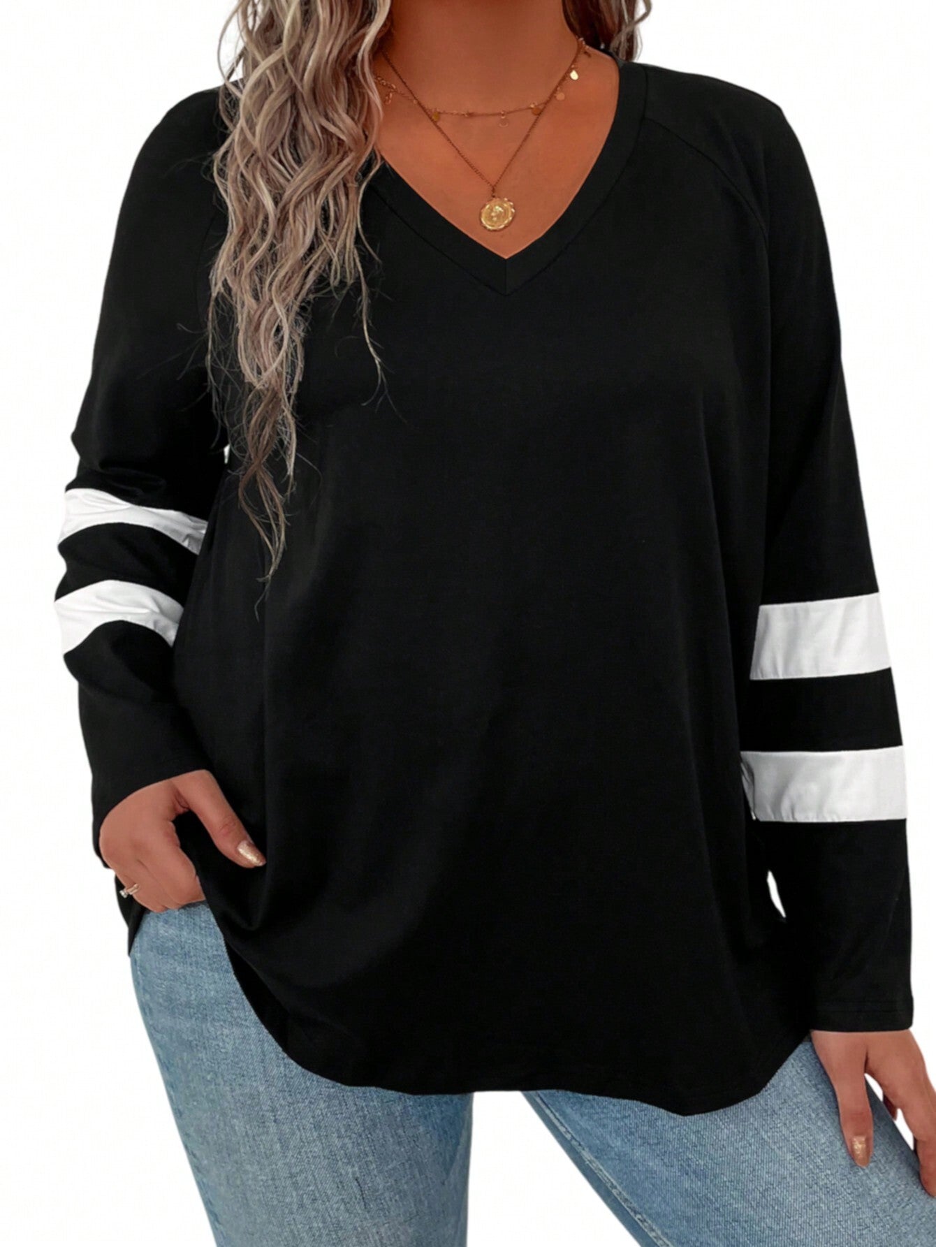 Plus Striped Print V Neck Tee Women Tops Fall Cloth For Women