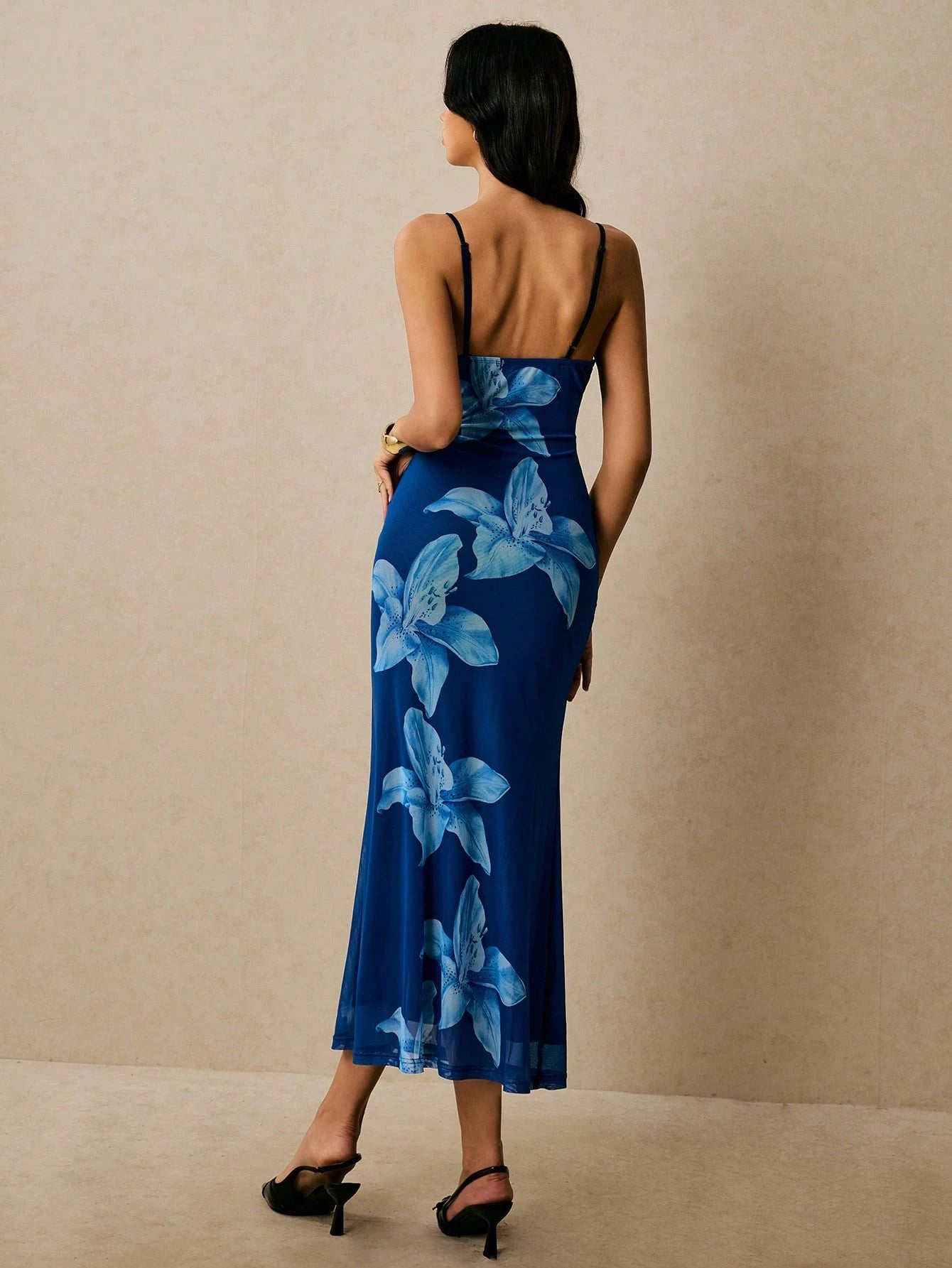 Poéselle Elegant Blue Floral Lily Print Spaghetti Strap Midi Slip Dress,Women's Summer Tropical Vacation Wedding Guest Dress For Dinner Date