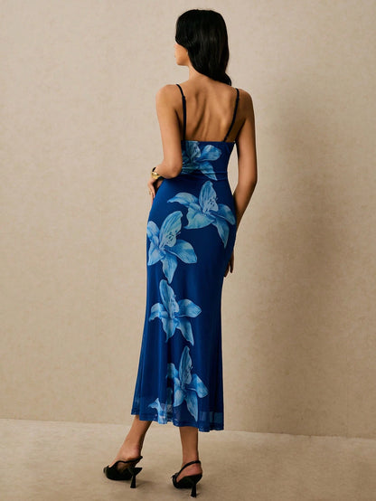 Poéselle Elegant Blue Floral Lily Print Spaghetti Strap Midi Slip Dress,Women's Summer Tropical Vacation Wedding Guest Dress For Dinner Date