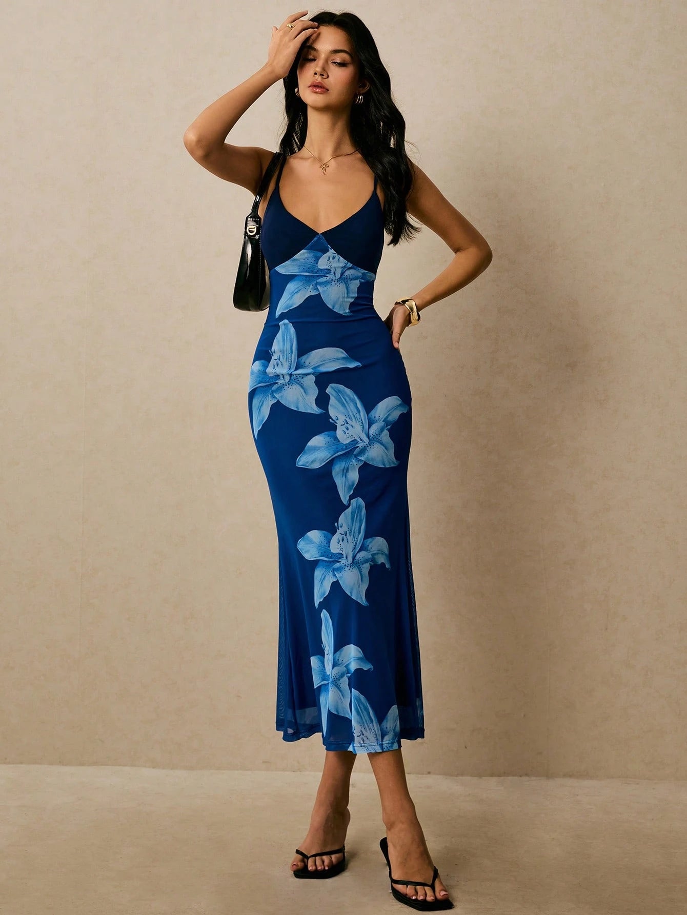 Poéselle Elegant Blue Floral Lily Print Spaghetti Strap Midi Slip Dress,Women's Summer Tropical Vacation Wedding Guest Dress For Dinner Date