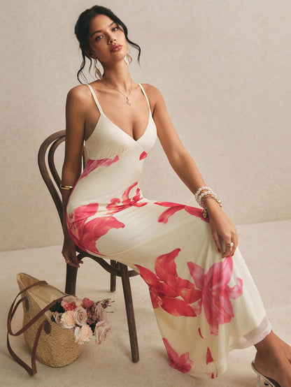 Poéselle Elegant Blue Floral Lily Print Spaghetti Strap Midi Slip Dress,Women's Summer Tropical Vacation Wedding Guest Dress For Dinner Date