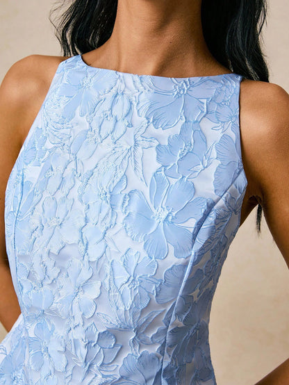 Poéselle Women Floral Print Round Neck Sleeveless Short Casual Elegant Dress, Summer, Jacquard Light Blue Bridal Shower Guest Holiday Wedding Graduation Season