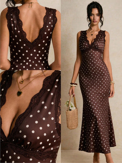 Poéselle Women's Contrast Lace Brown And White Polka Dot Sleeveless Elegant Summer Holiday Vacation 1920s Vintage Maxi Dress,Casual Work Dinner Date Tea Party