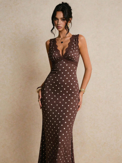 Poéselle Women's Contrast Lace Brown And White Polka Dot Sleeveless Elegant Summer Holiday Vacation 1920s Vintage Maxi Dress,Casual Work Dinner Date Tea Party