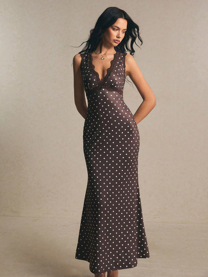 Poéselle Women's Contrast Lace Brown And White Polka Dot Sleeveless Elegant Summer Holiday Vacation 1920s Vintage Maxi Dress,Casual Work Dinner Date Tea Party