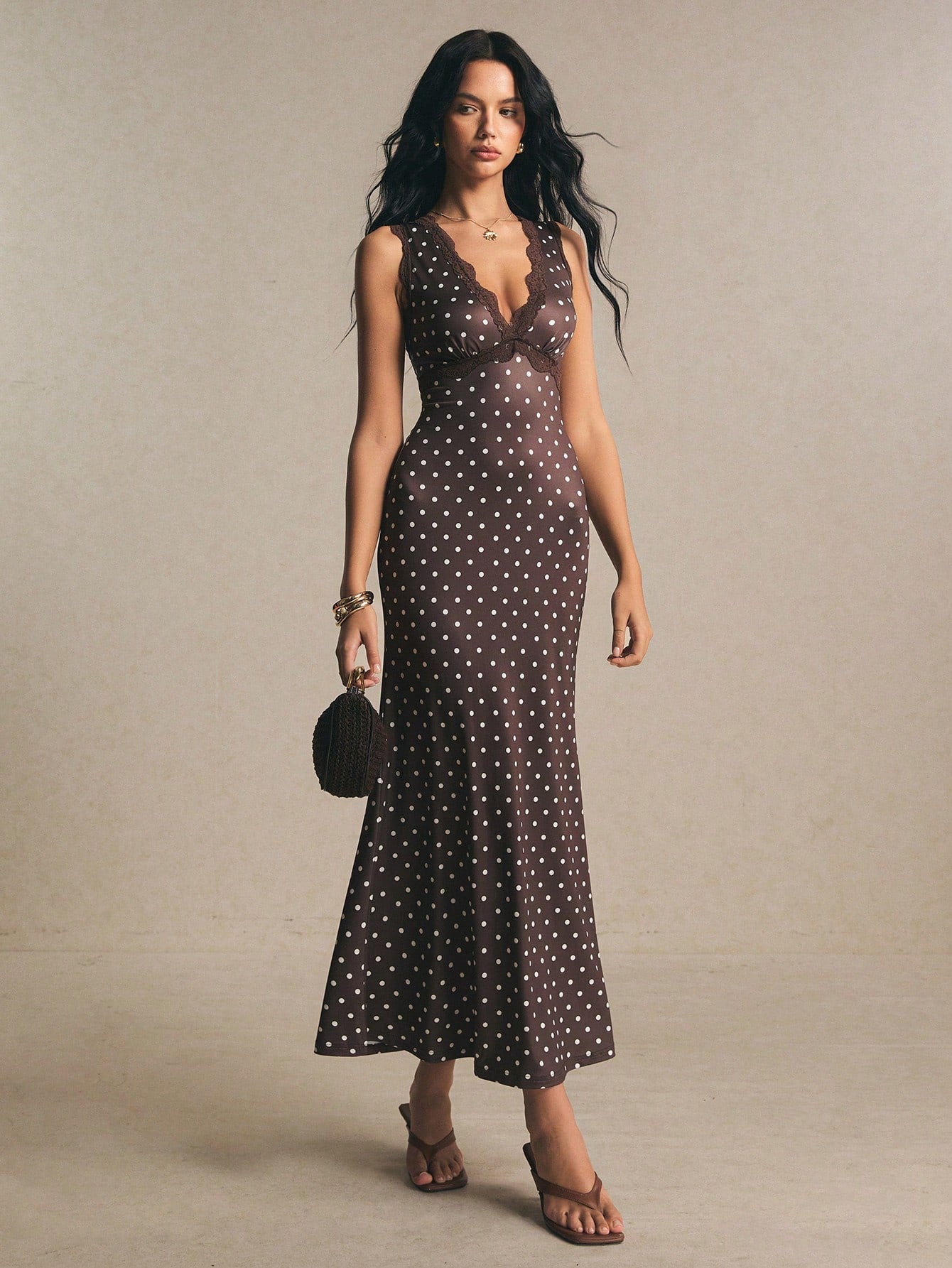 Poéselle Women's Contrast Lace Brown And White Polka Dot Sleeveless Elegant Summer Holiday Vacation 1920s Vintage Maxi Dress,Casual Work Dinner Date Tea Party