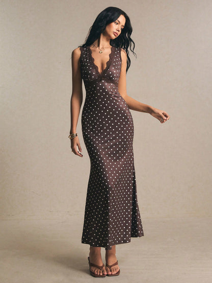 Poéselle Women's Contrast Lace Brown And White Polka Dot Sleeveless Elegant Summer Holiday Vacation 1920s Vintage Maxi Dress,Casual Work Dinner Date Tea Party