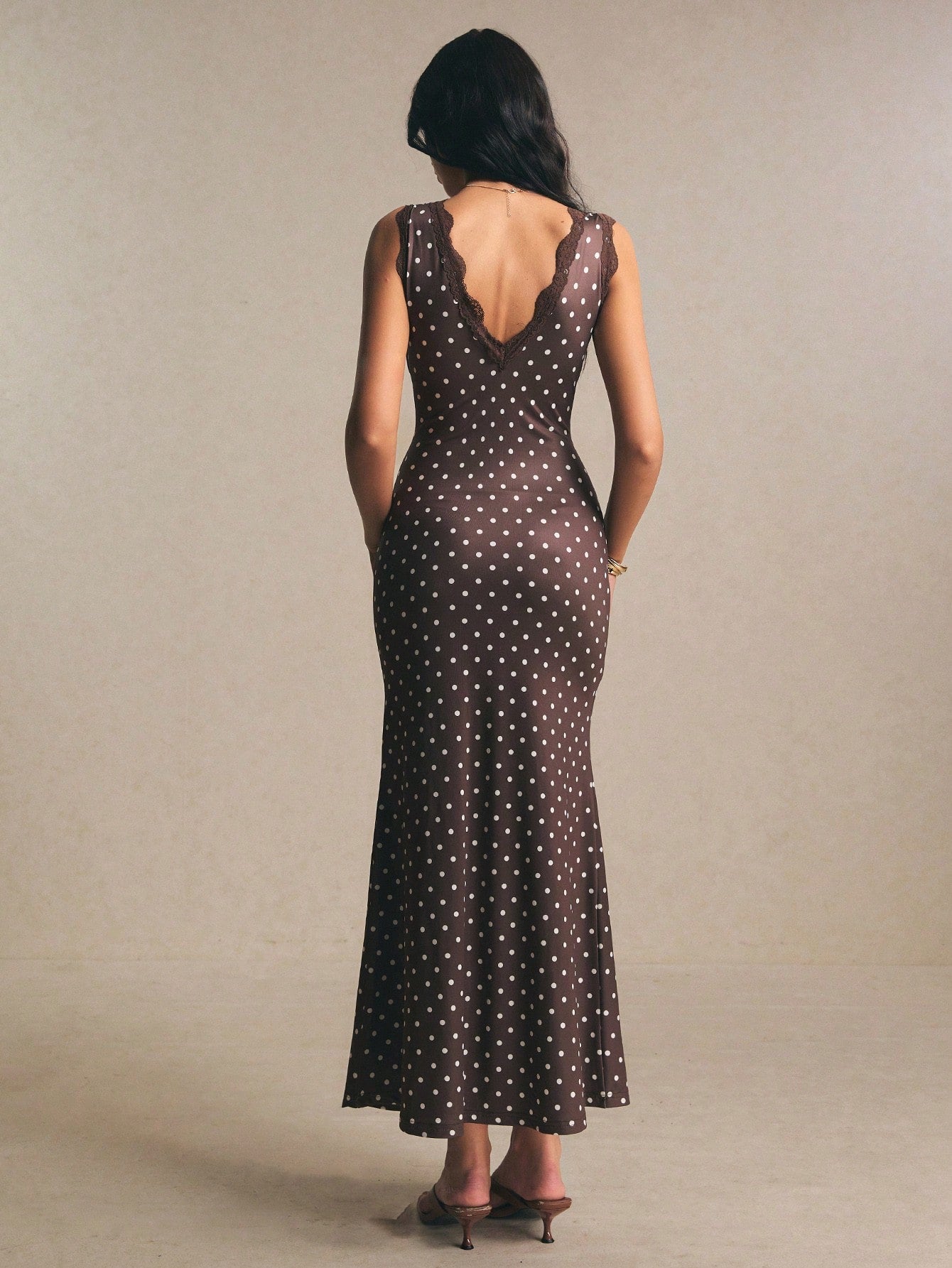 Poéselle Women's Contrast Lace Brown And White Polka Dot Sleeveless Elegant Summer Holiday Vacation 1920s Vintage Maxi Dress,Casual Work Dinner Date Tea Party