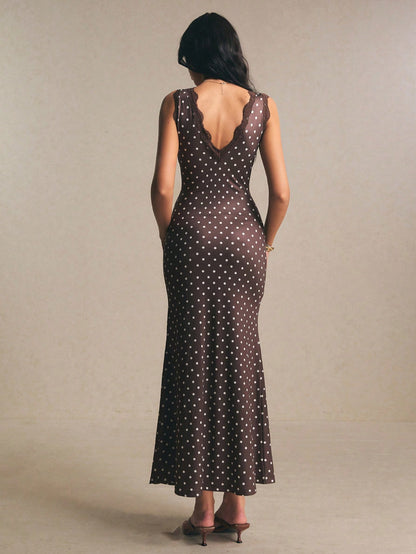 Poéselle Women's Contrast Lace Brown And White Polka Dot Sleeveless Elegant Summer Holiday Vacation 1920s Vintage Maxi Dress,Casual Work Dinner Date Tea Party