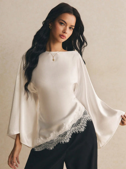 Poéselle Women's Elegant Commuter Date Night Solid Color Bell Sleeve Lace Patchwork Asymmetric Hem Blouse Cream White Autumn
