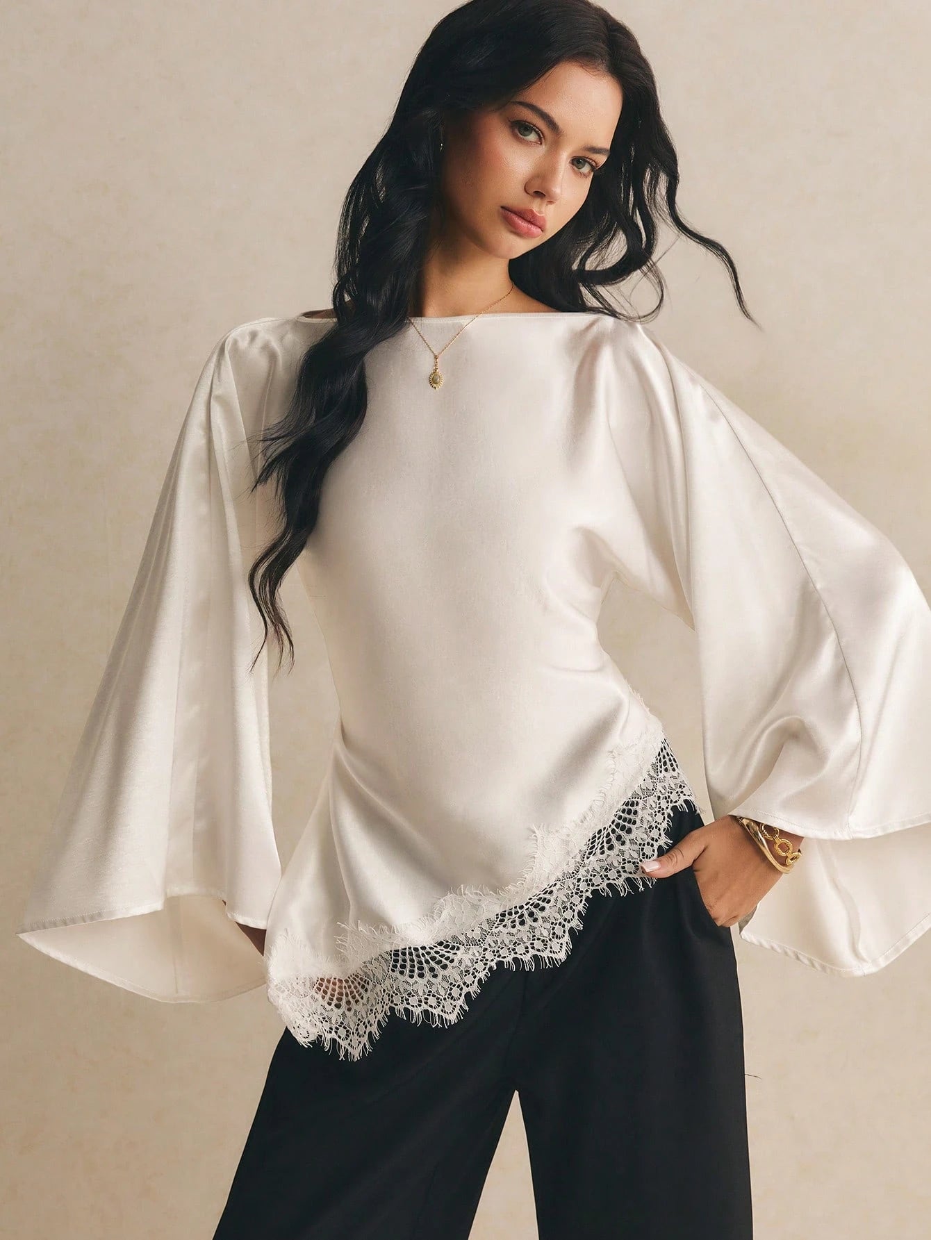 Poéselle Women's Elegant Commuter Date Night Solid Color Bell Sleeve Lace Patchwork Asymmetric Hem Blouse Cream White Autumn
