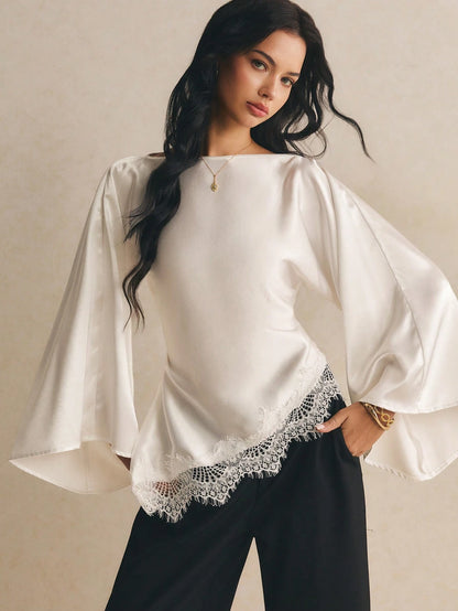 Poéselle Women's Elegant Commuter Date Night Solid Color Bell Sleeve Lace Patchwork Asymmetric Hem Blouse Cream White Autumn