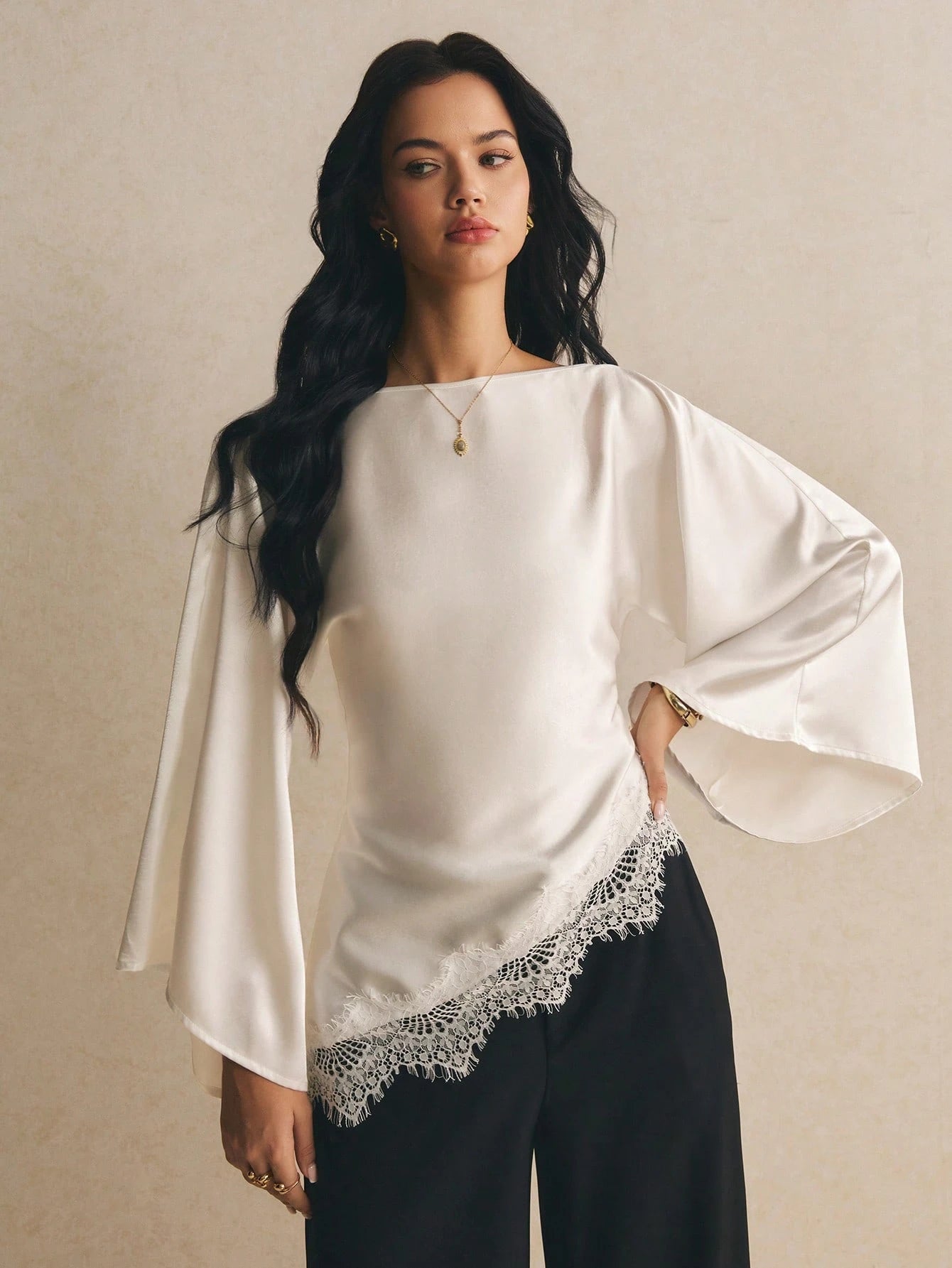 Poéselle Women's Elegant Commuter Date Night Solid Color Bell Sleeve Lace Patchwork Asymmetric Hem Blouse Cream White Autumn