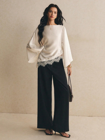 Poéselle Women's Elegant Commuter Date Night Solid Color Bell Sleeve Lace Patchwork Asymmetric Hem Blouse Cream White Autumn