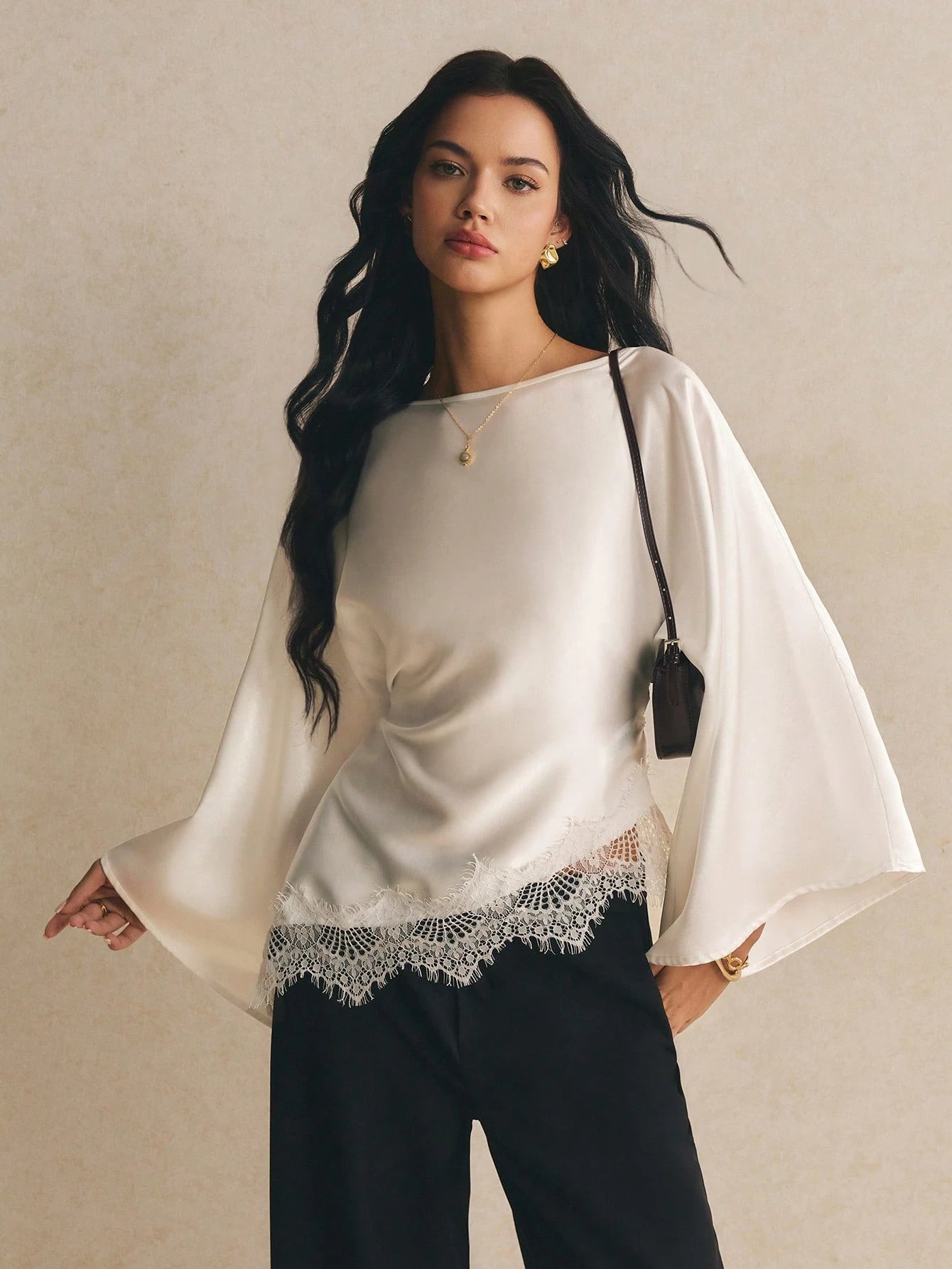 Poéselle Women's Elegant Commuter Date Night Solid Color Bell Sleeve Lace Patchwork Asymmetric Hem Blouse Cream White Autumn