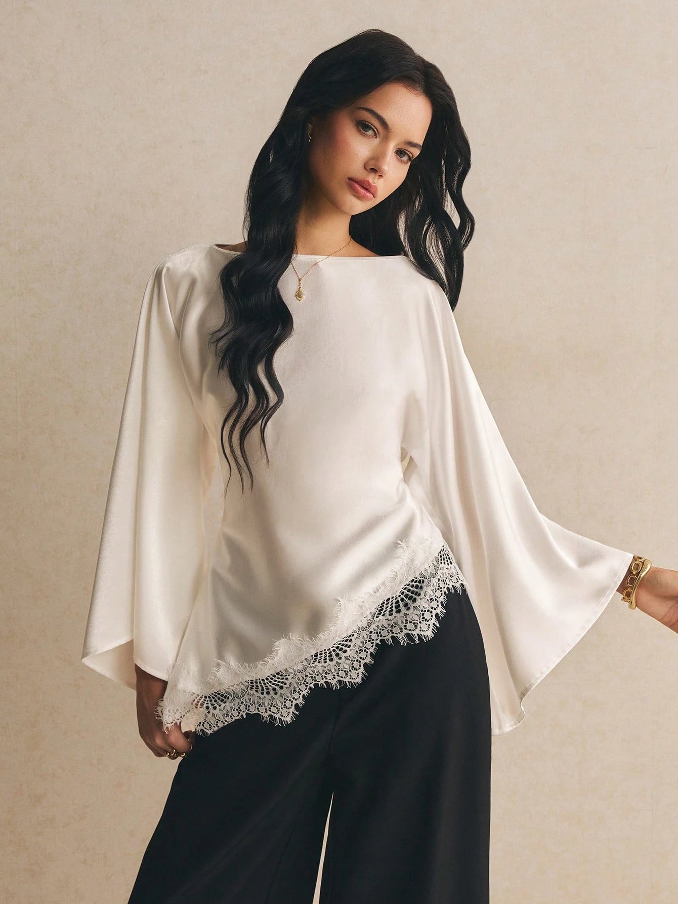 Poéselle Women's Elegant Commuter Date Night Solid Color Bell Sleeve Lace Patchwork Asymmetric Hem Blouse Cream White Autumn