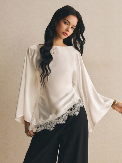 Poéselle Women's Elegant Commuter Date Night Solid Color Bell Sleeve Lace Patchwork Asymmetric Hem Blouse Cream White Autumn