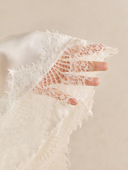 Poéselle Women's Elegant Commuter Date Night Solid Color Bell Sleeve Lace Patchwork Asymmetric Hem Blouse Cream White Autumn