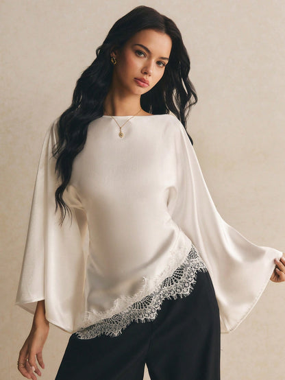Poéselle Women's Elegant Commuter Date Night Solid Color Bell Sleeve Lace Patchwork Asymmetric Hem Blouse Cream White Autumn