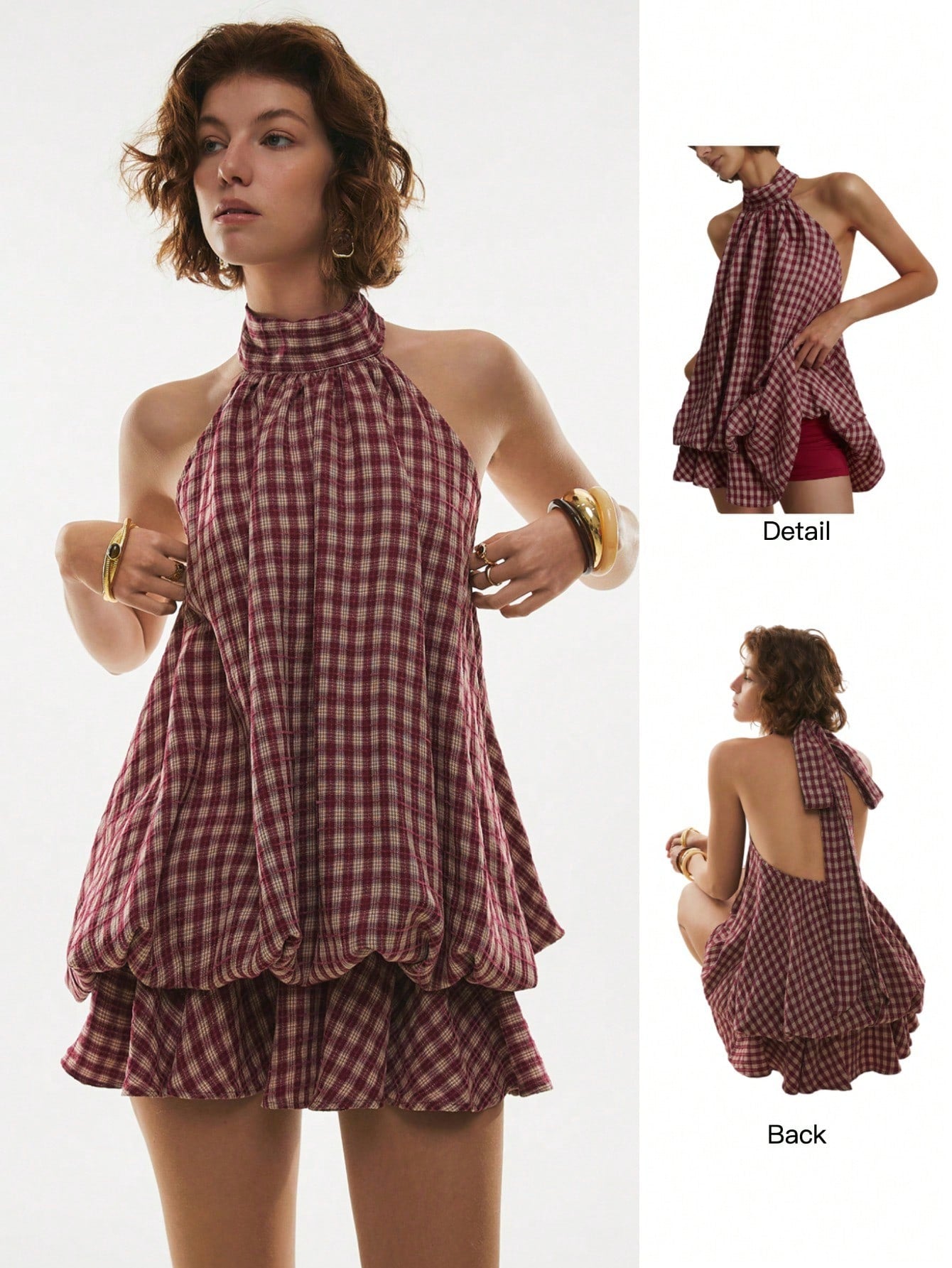Poéselle Women's Summer Fashion Plaid Ruffle Hem Halter Backless Mini Dress Checkered Sundress Picnic Dresses Vacation Burgundy Cottage Core
