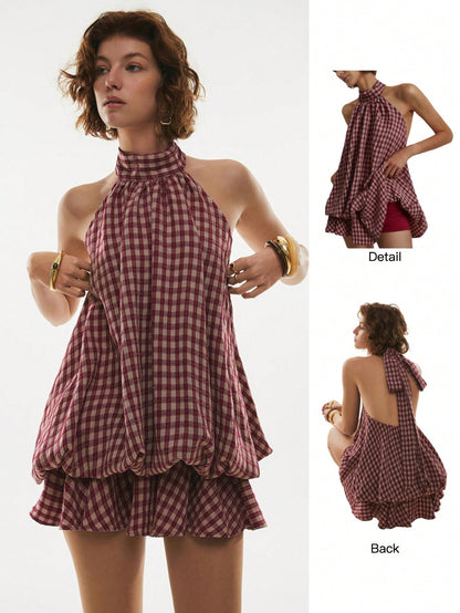 Poéselle Women's Summer Fashion Plaid Ruffle Hem Halter Backless Mini Dress Checkered Sundress Picnic Dresses Vacation Burgundy Cottage Core