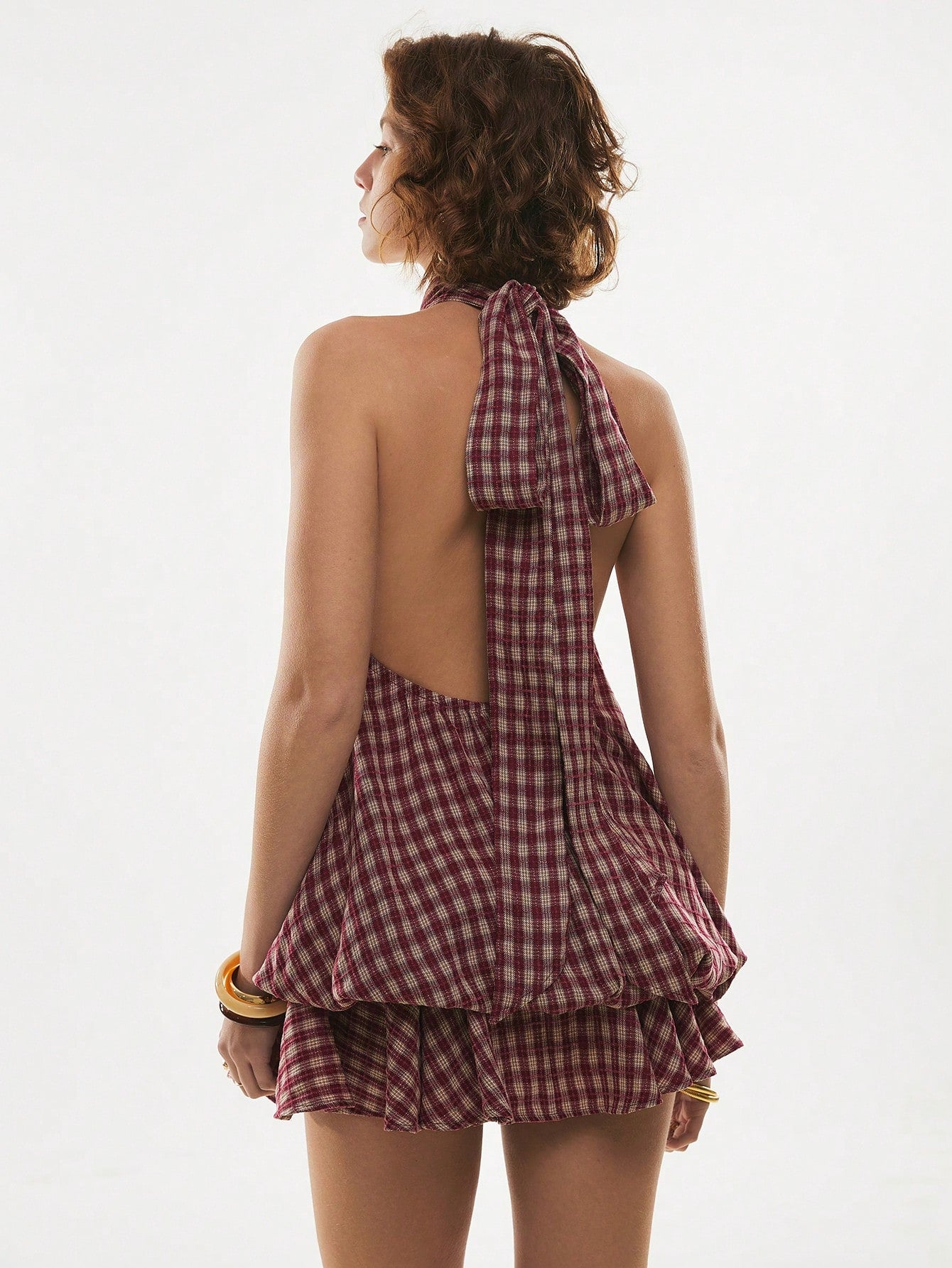 Poéselle Women's Summer Fashion Plaid Ruffle Hem Halter Backless Mini Dress Checkered Sundress Picnic Dresses Vacation Burgundy Cottage Core