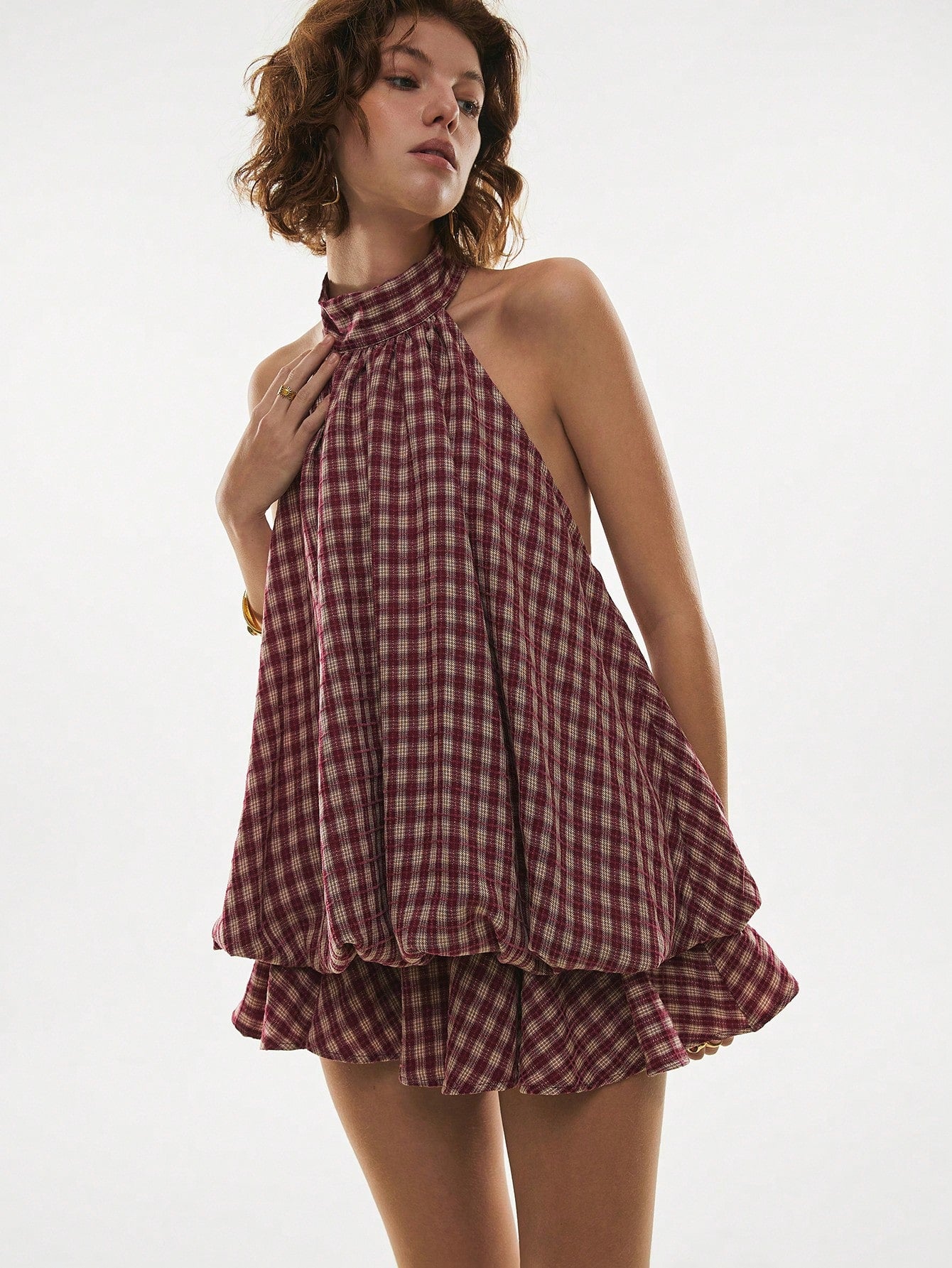 Poéselle Women's Summer Fashion Plaid Ruffle Hem Halter Backless Mini Dress Checkered Sundress Picnic Dresses Vacation Burgundy Cottage Core