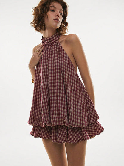 Poéselle Women's Summer Fashion Plaid Ruffle Hem Halter Backless Mini Dress Checkered Sundress Picnic Dresses Vacation Burgundy Cottage Core