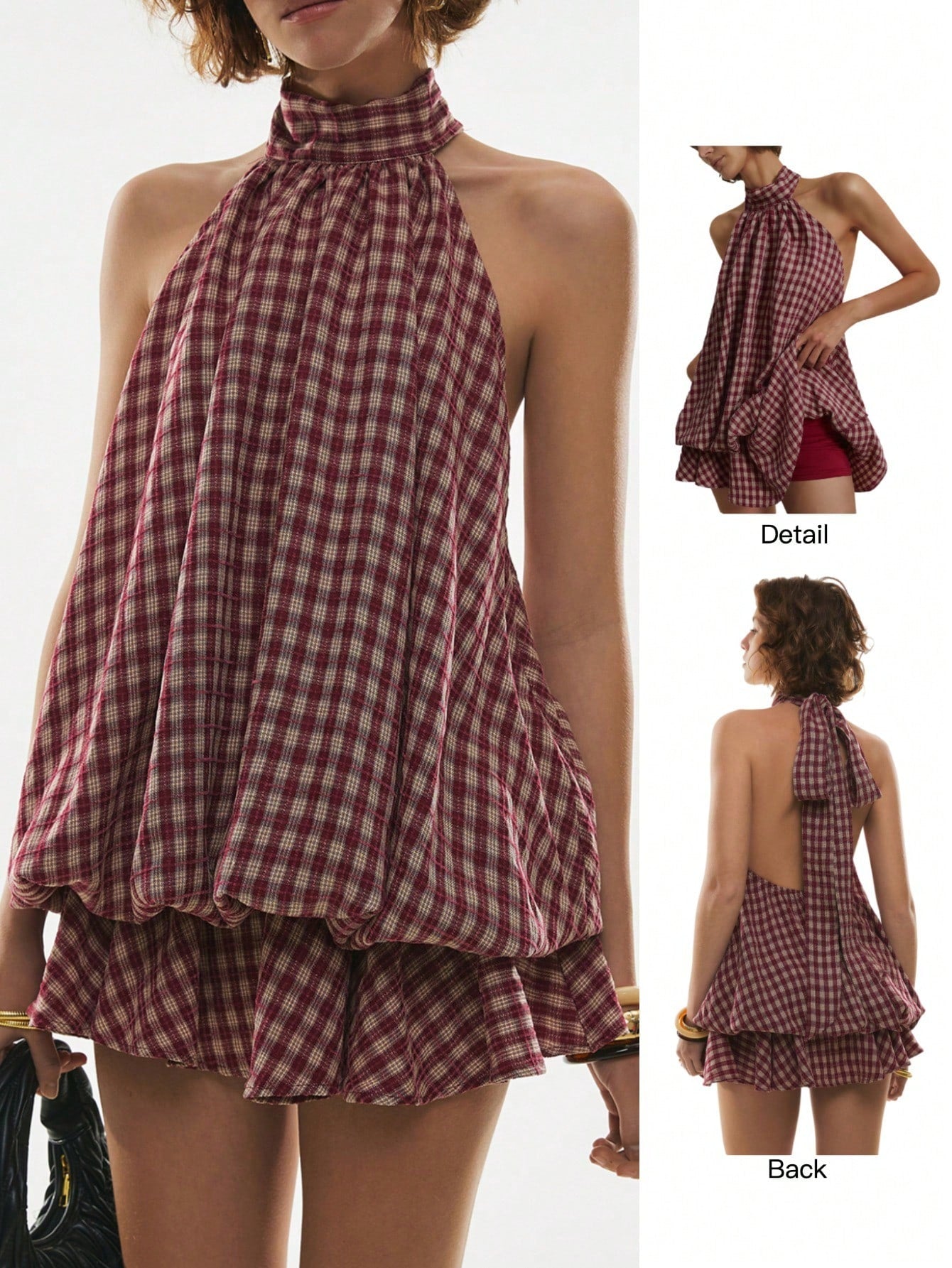 Poéselle Women's Summer Fashion Plaid Ruffle Hem Halter Backless Mini Dress Checkered Sundress Picnic Dresses Vacation Burgundy Cottage Core