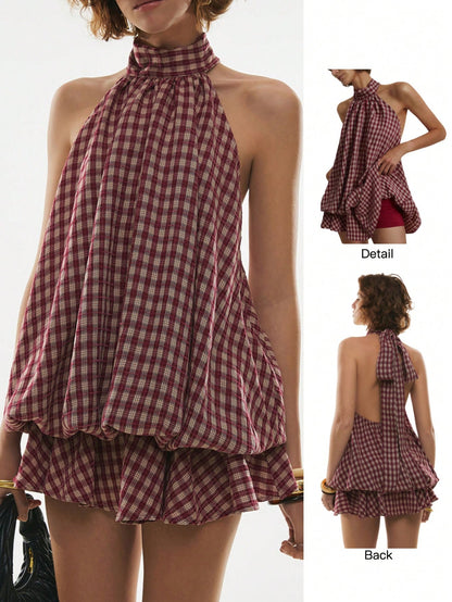 Poéselle Women's Summer Fashion Plaid Ruffle Hem Halter Backless Mini Dress Checkered Sundress Picnic Dresses Vacation Burgundy Cottage Core