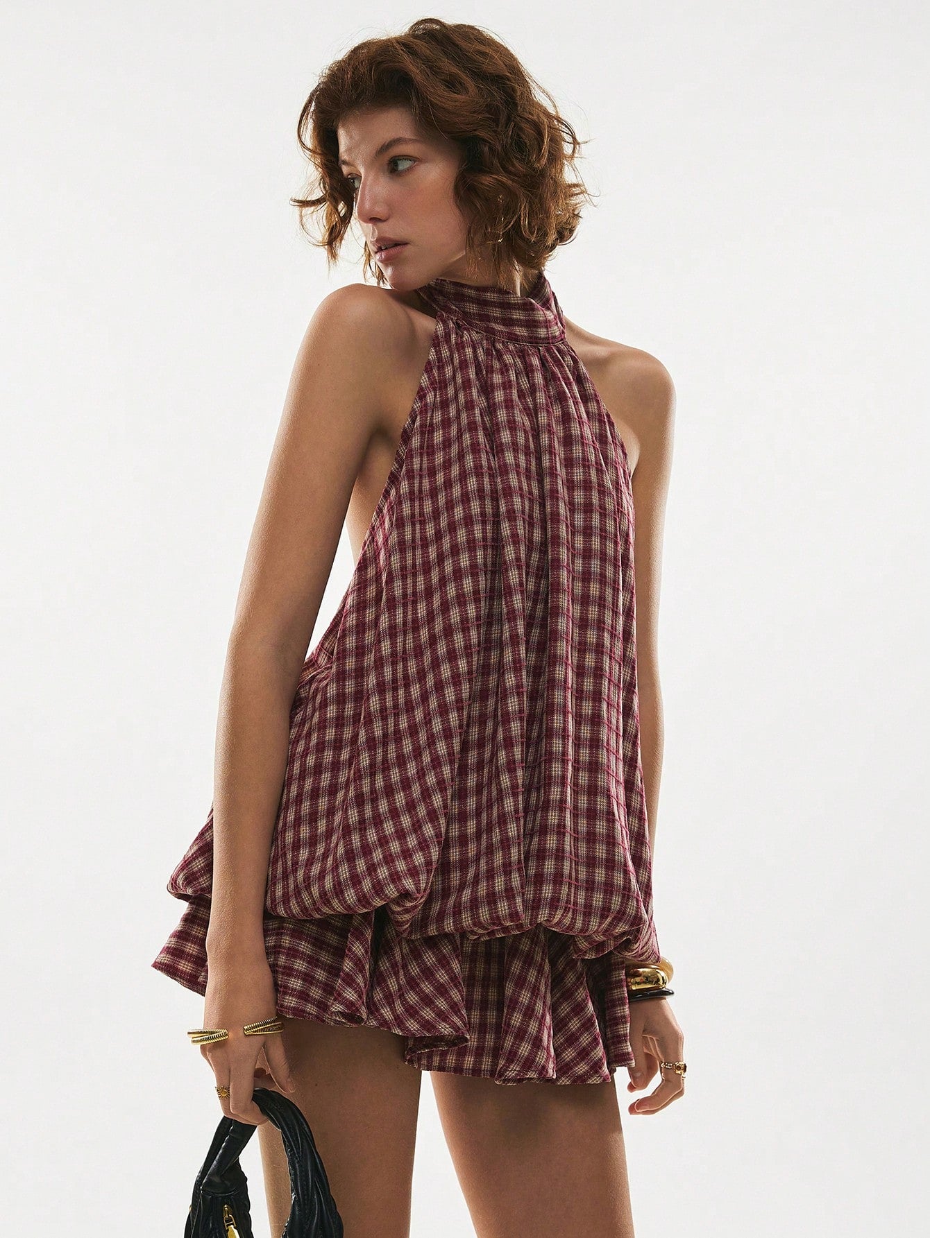 Poéselle Women's Summer Fashion Plaid Ruffle Hem Halter Backless Mini Dress Checkered Sundress Picnic Dresses Vacation Burgundy Cottage Core
