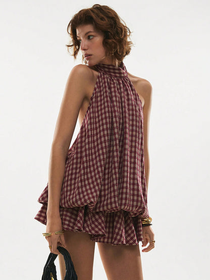 Poéselle Women's Summer Fashion Plaid Ruffle Hem Halter Backless Mini Dress Checkered Sundress Picnic Dresses Vacation Burgundy Cottage Core