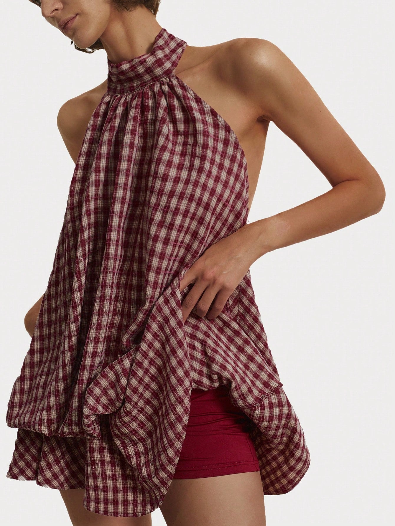 Poéselle Women's Summer Fashion Plaid Ruffle Hem Halter Backless Mini Dress Checkered Sundress Picnic Dresses Vacation Burgundy Cottage Core