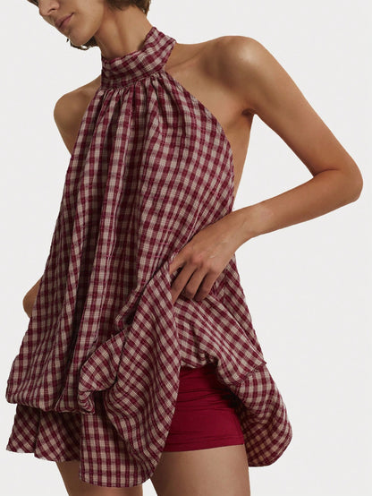 Poéselle Women's Summer Fashion Plaid Ruffle Hem Halter Backless Mini Dress Checkered Sundress Picnic Dresses Vacation Burgundy Cottage Core