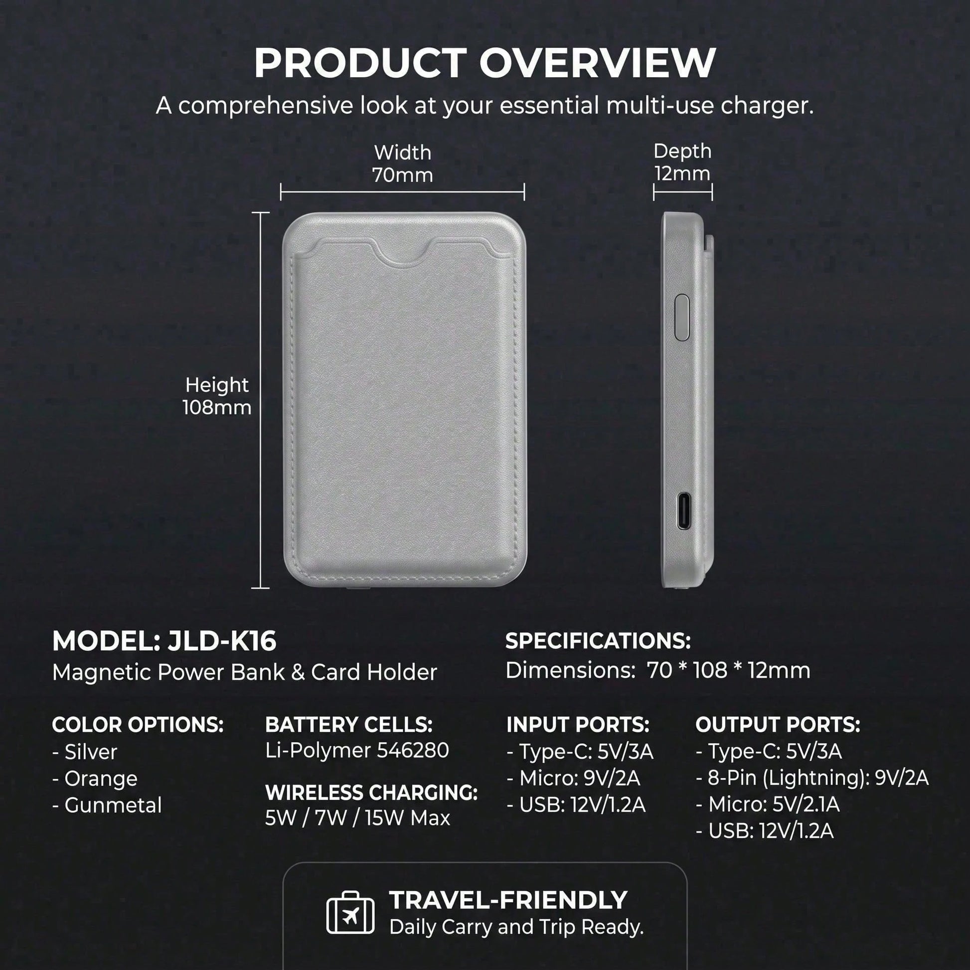 Pocket Size 5000mAh Magnetic Wireless Portable Phone Charger 15W Wireless Charging 22.5W Wired Fast Charging Card Holder Compact Battery Pack Smart Trickle Charging Compatible With IPhone 15 Plus 14 P
