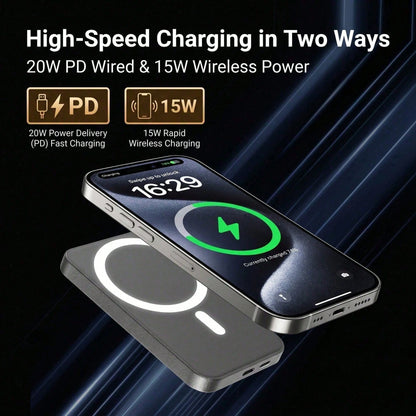 Pocket Size 5000mAh Magnetic Wireless Portable Phone Charger 15W Wireless Charging 22.5W Wired Fast Charging Card Holder Compact Battery Pack Smart Trickle Charging Compatible With IPhone 15 Plus 14 P