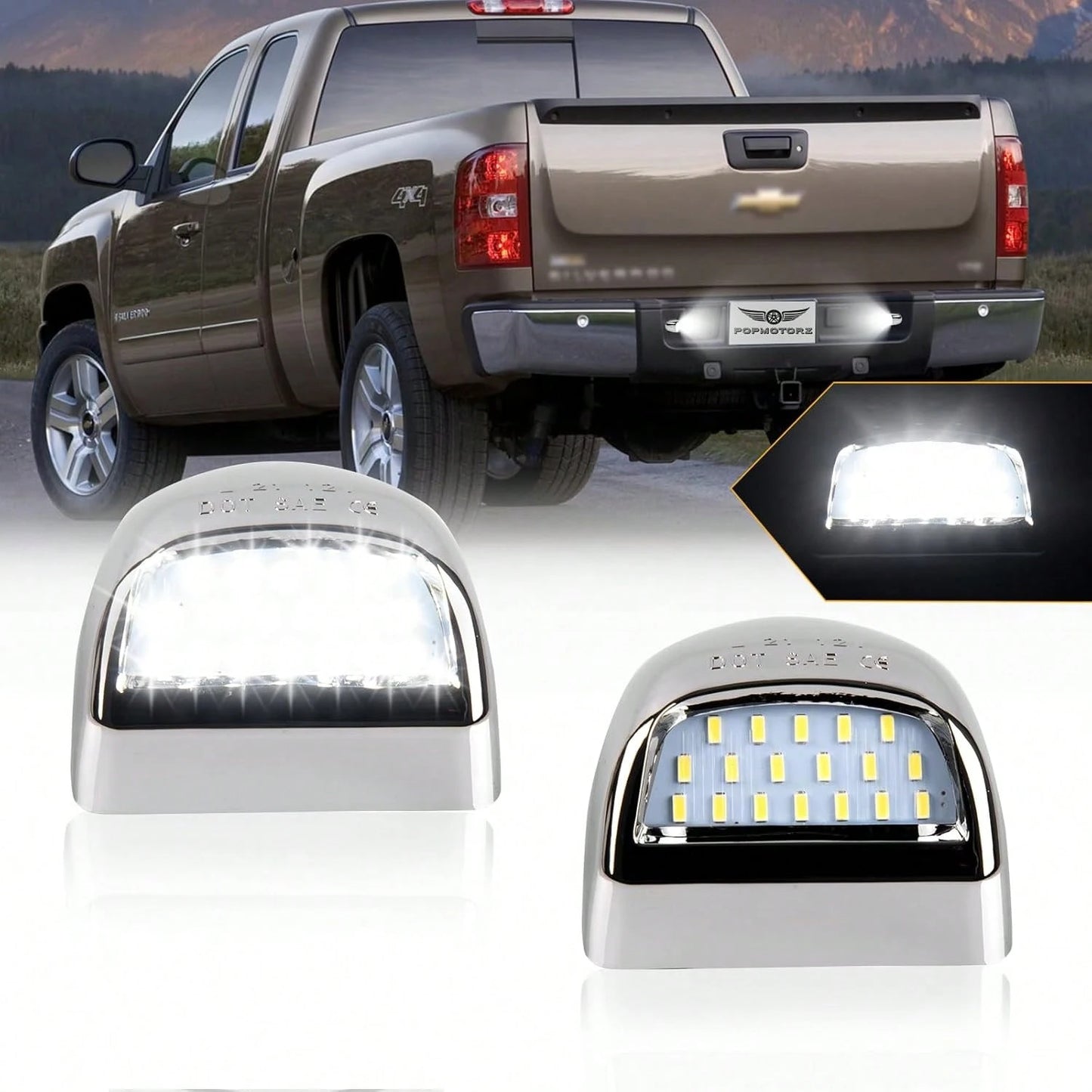 POPMOTORZ LED License Plate Lights Tag Lamps For Chevy GMC Sierra 1500 2500 3500 Suburban Tahoe Avalanche Traverse Yukon XL Escalade LED Tag Lights Housing 2 PCS