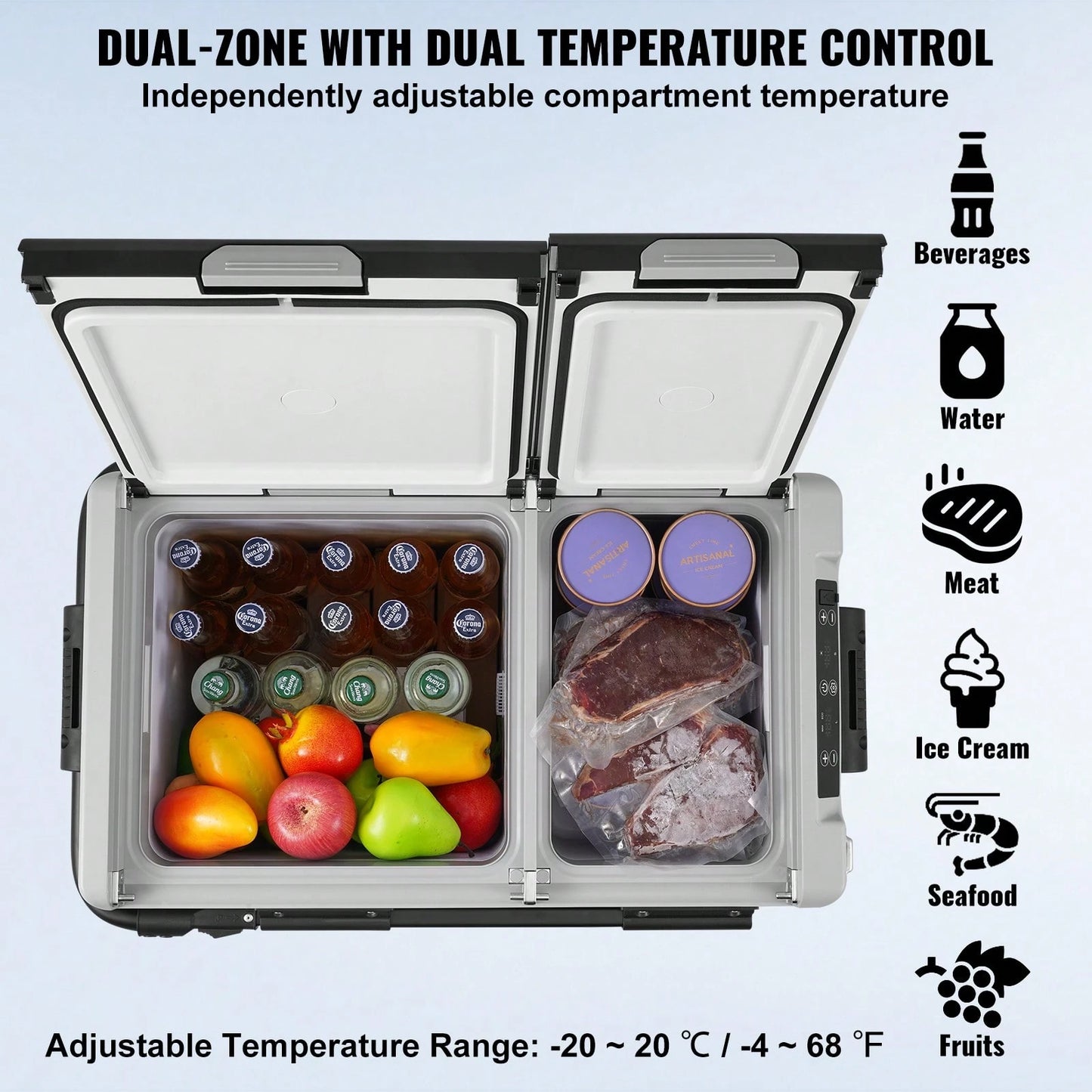 Portable Car Refrigerator, 12 Volt Car Refrigerator Fridge, 58 L/ 61.5 QT Dual Zone Portable Freezer,-4℉-68℉ Adjustable Temperature, Compressor Cooler For Home, Outdoor, Camping, RV, Car