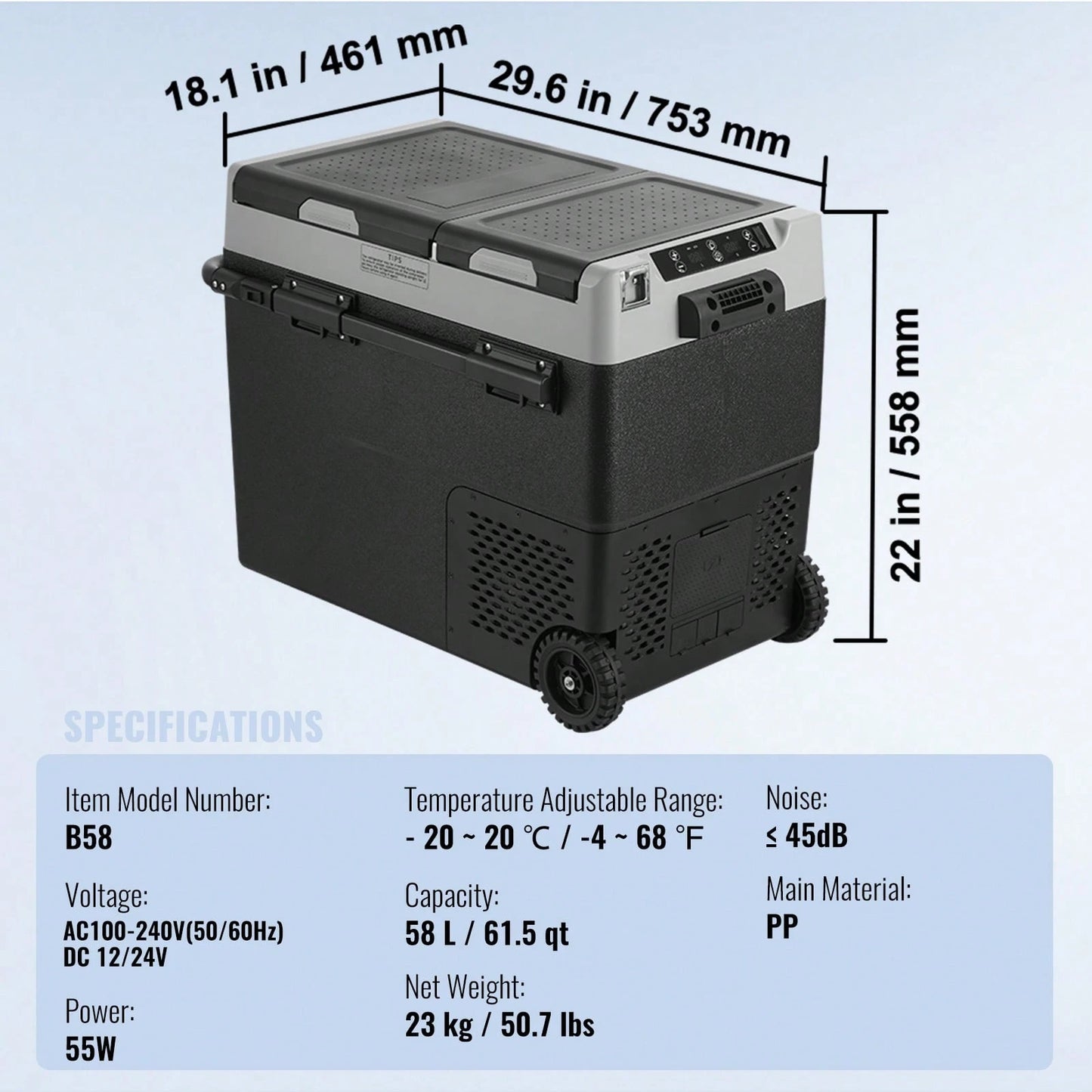 Portable Car Refrigerator, 12 Volt Car Refrigerator Fridge, 58 L/ 61.5 QT Dual Zone Portable Freezer,-4℉-68℉ Adjustable Temperature, Compressor Cooler For Home, Outdoor, Camping, RV, Car