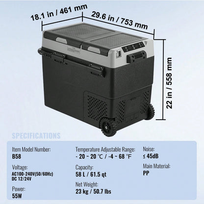 Portable Car Refrigerator, 12 Volt Car Refrigerator Fridge, 58 L/ 61.5 QT Dual Zone Portable Freezer,-4℉-68℉ Adjustable Temperature, Compressor Cooler For Home, Outdoor, Camping, RV, Car