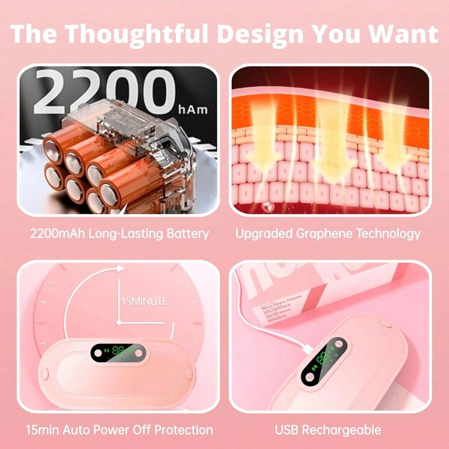 Portable Cordless Heating Pad: 3 Heat Levels 3 Massage Modes, 3S Fast Heating, Electric Heating Pad,Gifts For Women