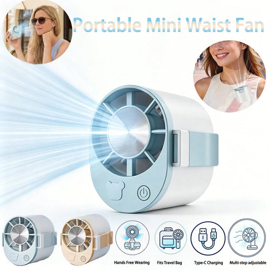 Portable Waist Clip Mini Fan, Hands-Free, Type-C USB Rechargeable, Quiet Powerful Cooling, Multiple Speed Settings, Suitable For Travel Bag, Outdoor Activities, Camping And Work, Portable Personal Wea