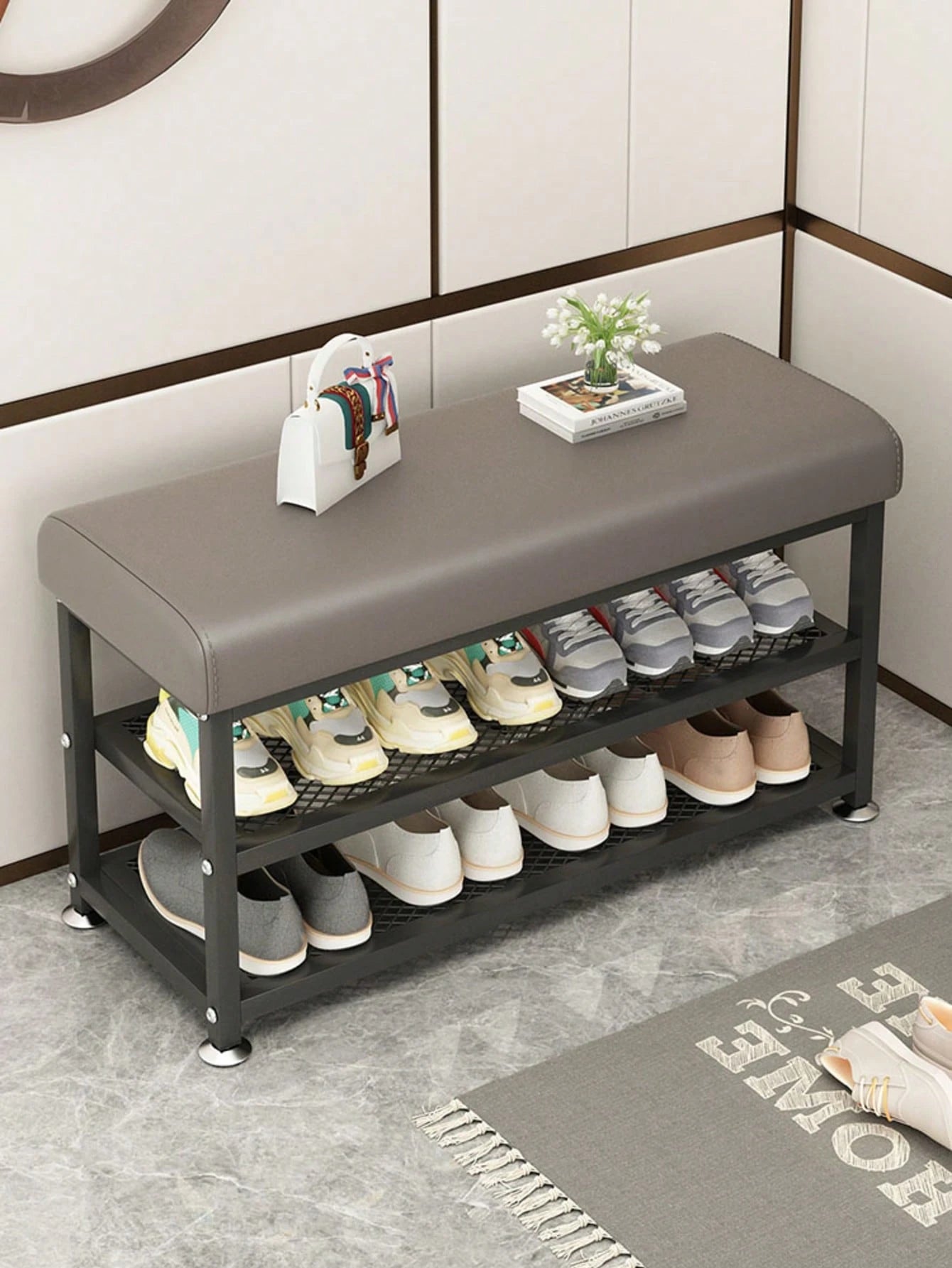 PQSQRJU Storage Bench, Shoe Changing Stool With Metal Frame, Cushioned Seat Shoe Bench‌, Multi-Compartment Organizer Rack For Bedroom, Hallway Entrance